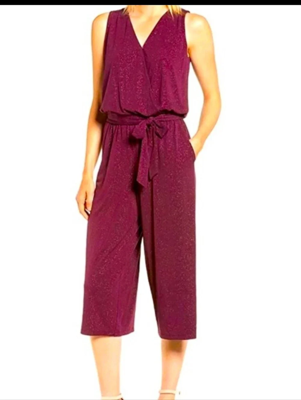 Michael Kors Glitter Sparkle Faux Wrap Belted Cropped Jumpsuit Small Mulberry